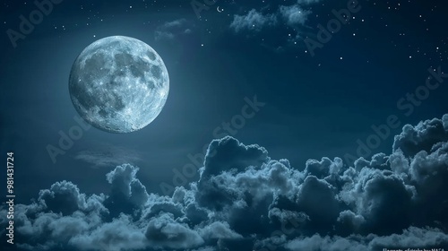Night sky with full bright moon in the clouds