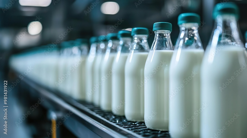 Machine filling bottles with plant-based milk in a clean, automated facility, automation, dairy alternatives Machine filling bottles with plant-based milk in a clean, automated facility, automation, dairy alternatives