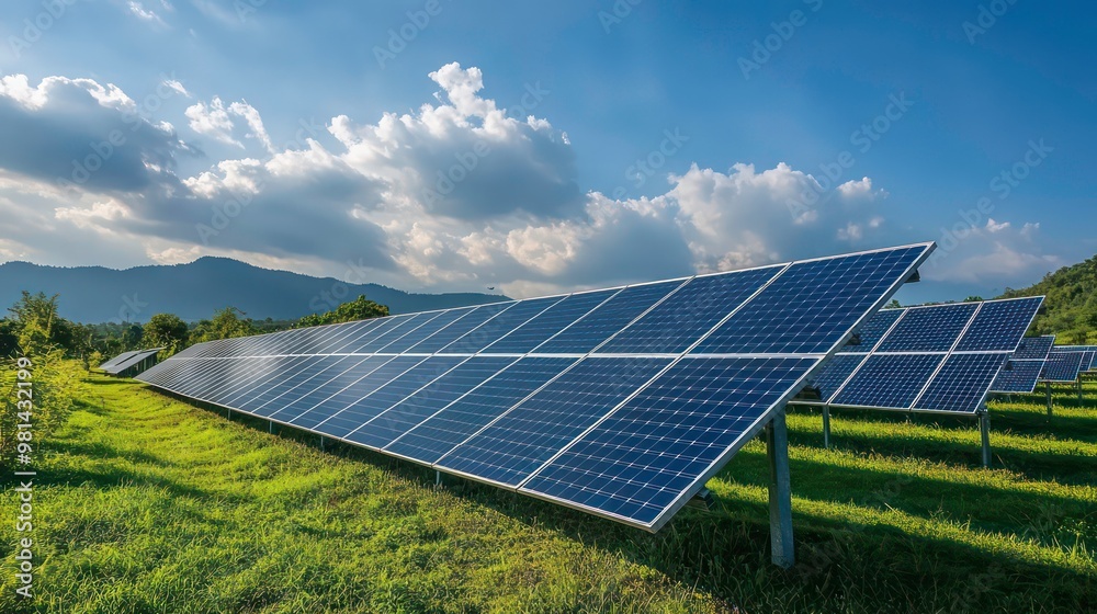 Solar panels in a field with green grass and a mountain range in the background. Solar panels in a field with green grass and a mountain range in the background.