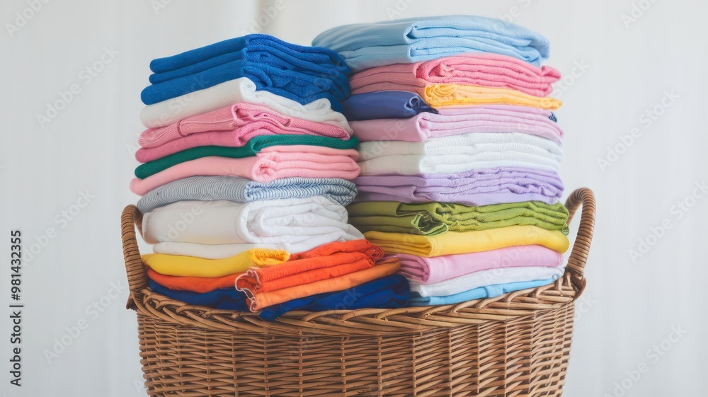A basket full of colorful towels and sheets. The basket is overflowing with a variety of colors, including blue, pink, yellow, and green. Concept of abundance and variety A basket full of colorful towels and sheets. The basket is overflowing with a variety of colors, including blue, pink, yellow, and green. Concept of abundance and variety