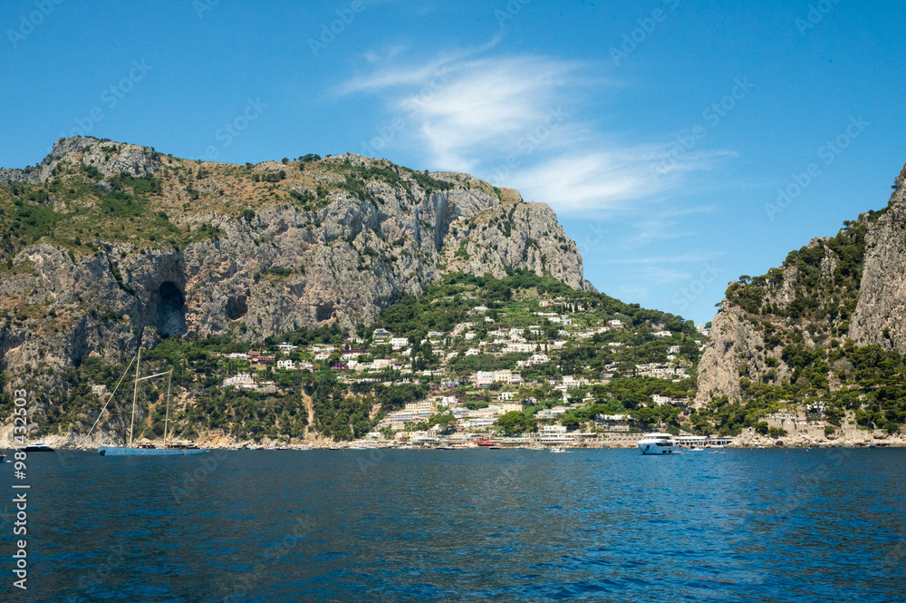 Fototapeta premium Scenic View of Capri Island's Rocky Coastline in Italy villa olga capri Spiaggia di Marina Piccola