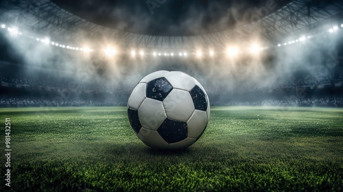 A soccer ball sits alone in the center of a grassy field at night, under the bright lights of a stadium.