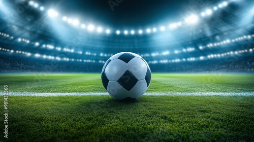 Soccer ball in the center of the field, with stadium lights in the background.