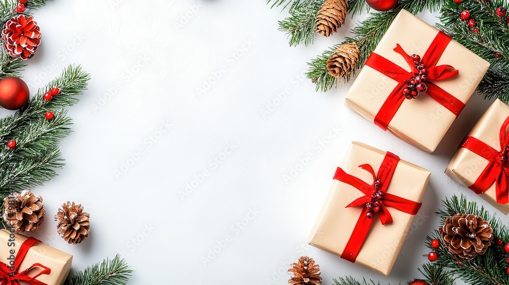 Christmas gift boxes decorated with ribbon and fir branches on white background Christmas gift boxes decorated with ribbon and fir branches on white background