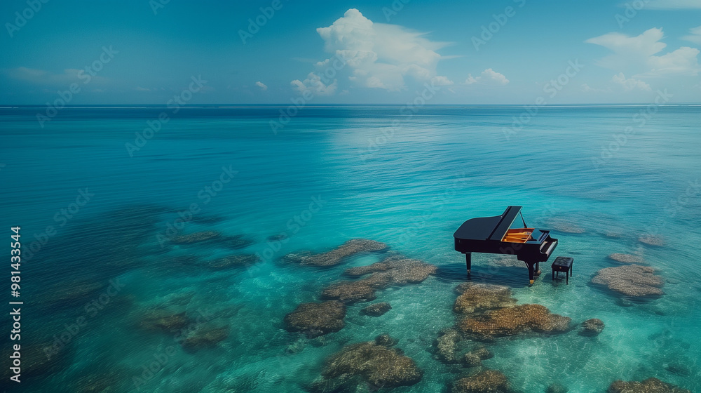 Fototapeta premium grand piano on the middle of ocean, piano concert musical concept, calm sea landscape background, album cover