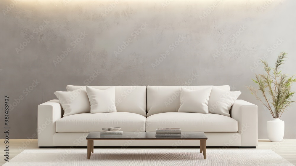A white couch is sitting in front of a wall with a plant in a vase. The couch is unoccupied and the room is empty A white couch is sitting in front of a wall with a plant in a vase. The couch is unoccupied and the room is empty