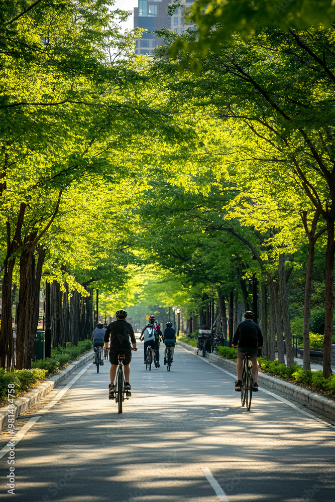 Protected bike lanes with green spaces and trees Protected bike lanes with green spaces and trees