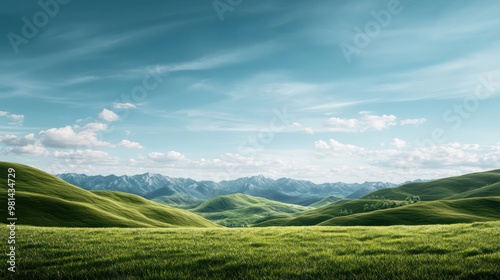 A vast, open field with mountains in the background. The sky is clear and blue, and the grass is lush and green. Concept of peace and tranquility, as if one were standing in the middle of a vast