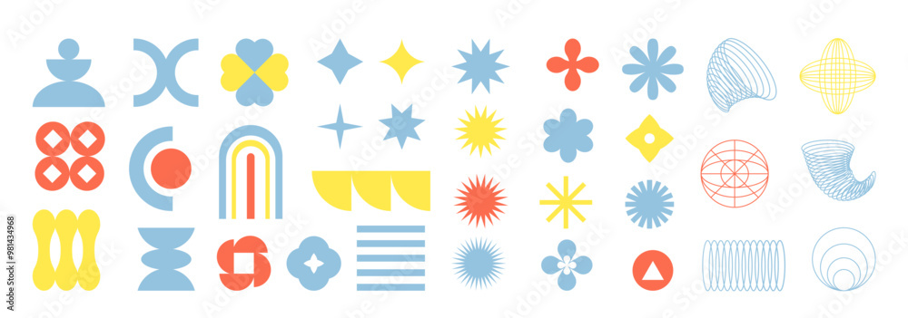 Brutalist abstract geometric set. Primitive patterns in bauhaus swiss style. Futuristic flowers and crosses. Rhombus and star. Flat vector collection Brutalist abstract geometric set. Primitive patterns in bauhaus swiss style. Futuristic flowers and crosses. Rhombus and star. Flat vector collection