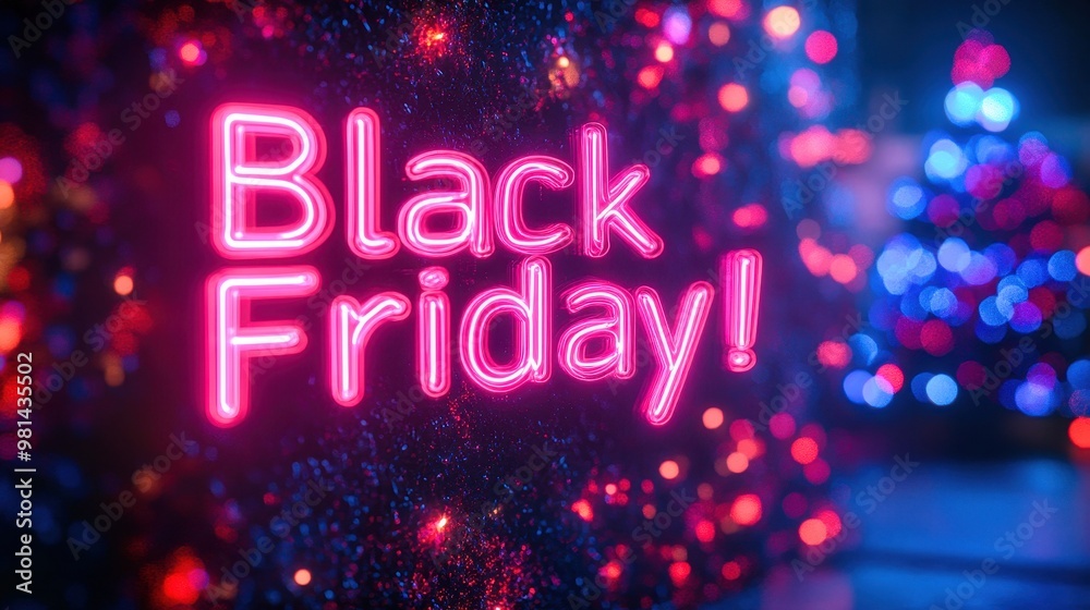 Black friday neon sign glowing with christmas tree in background Black friday neon sign glowing with christmas tree in background