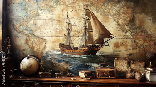Fototapeta Naklejka Na Ścianę i Meble -  A 3D wallpaper with a ship sailing on a map by Piri Reis, perfect for a large wall mural.