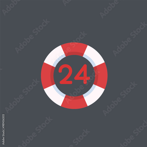 24 hour in ring life buoy in flat vector design.