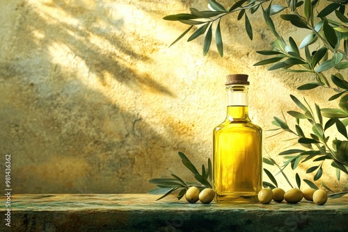 Three bottles of olive oil standing on wooden table with olive tree background
