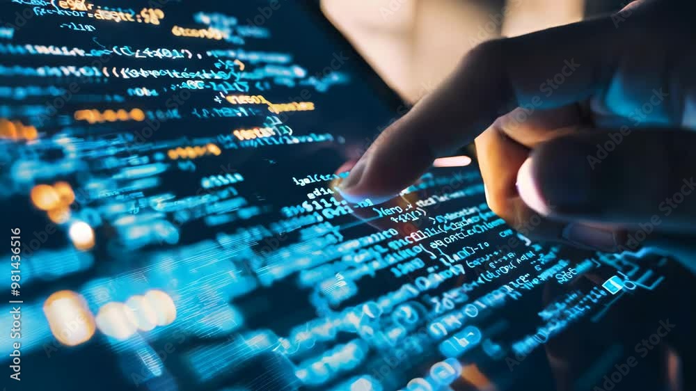 Hand interacting with digital code on a futuristic touchscreen interface Hand interacting with digital code on a futuristic touchscreen interface