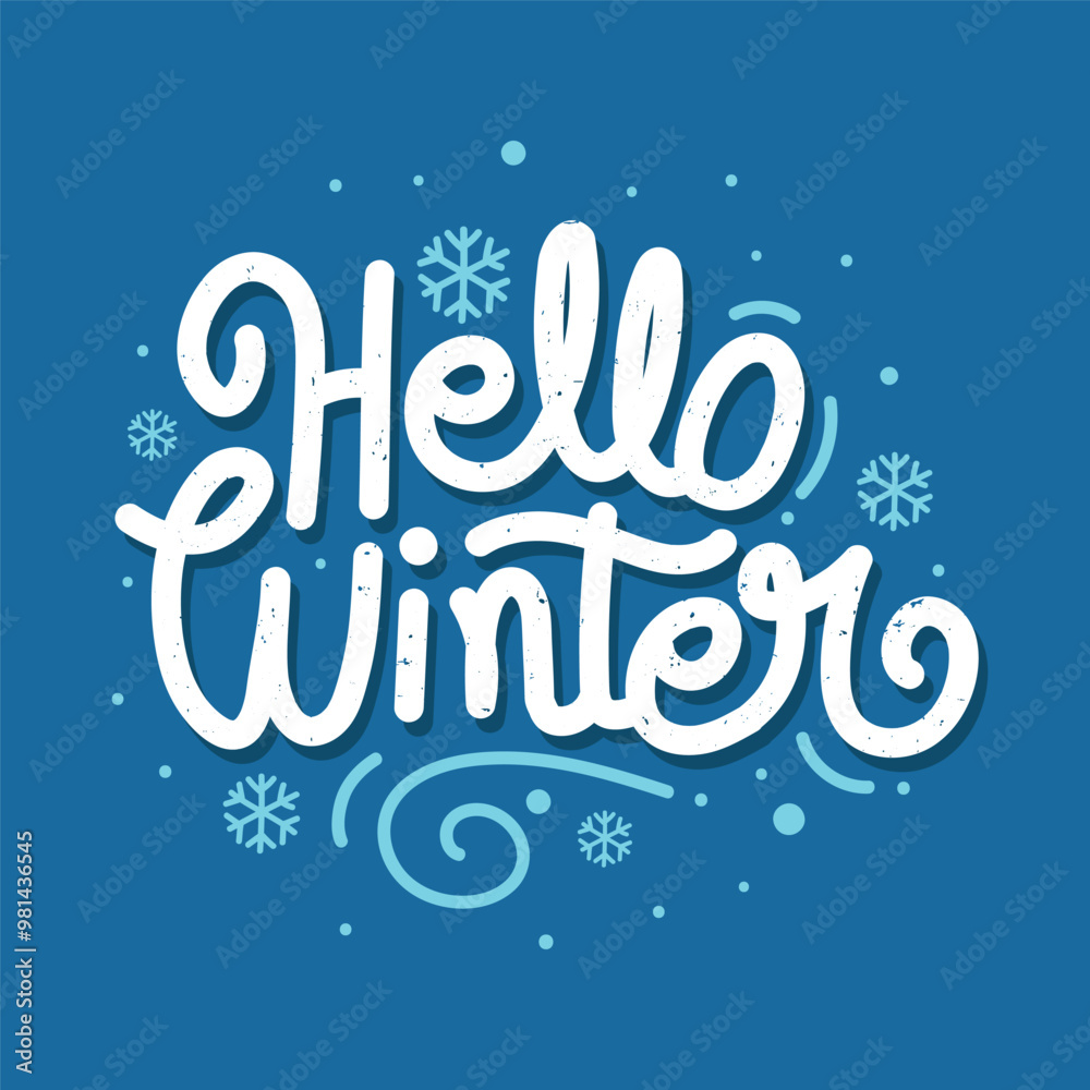 Hello winter hand drawn lettering vector illustration with snowflakes on blue background. Decorated calligraphy greeting card for welcoming winter season. Hello winter hand drawn lettering vector illustration with snowflakes on blue background. Decorated calligraphy greeting card for welcoming winter season.