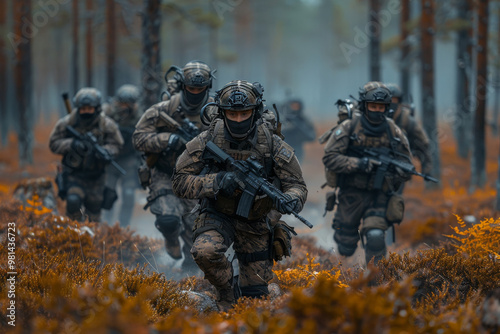 Special forces soldiers in camouflage advancing through a Swedish forest during a tactical exercise