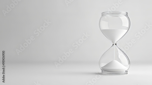 A clear image of a classic hourglass, with its sand slowly flowing,  set against a plain white backdrop.