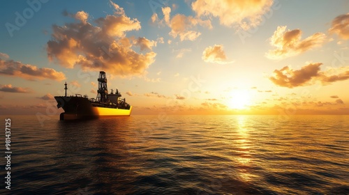 A large ship is sailing in the ocean at sunset. The sky is filled with clouds, and the sun is setting in the distance. Scene is peaceful and serene, as the ship glides through the calm waters