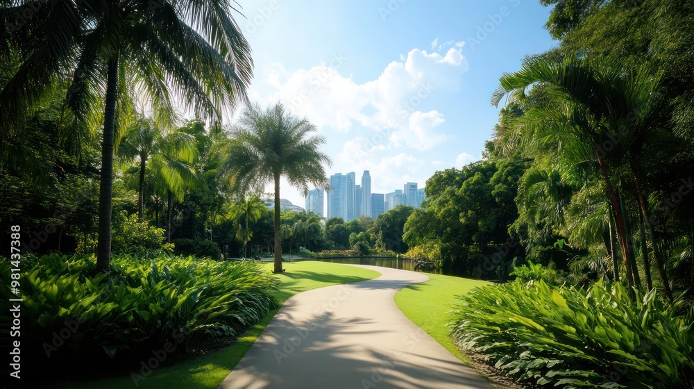 A scenic view of Singapore's Gardens by the Bay featuring lush greenery, palm trees, and a pathway leading towards the city's skyline, blending nature with urban architecture.
A scenic view of Singapore's Gardens by the Bay featuring lush greenery, palm trees, and a pathway leading towards the city's skyline, blending nature with urban architecture.