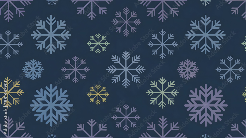Pattern of multicolored snowflakes on a dark blue background, creating a winter-themed decorative design with soft pastel hues Pattern of multicolored snowflakes on a dark blue background, creating a winter-themed decorative design with soft pastel hues