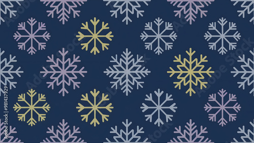 Pattern of multicolored snowflakes on a dark blue background, creating a winter-themed decorative design with soft pastel hues