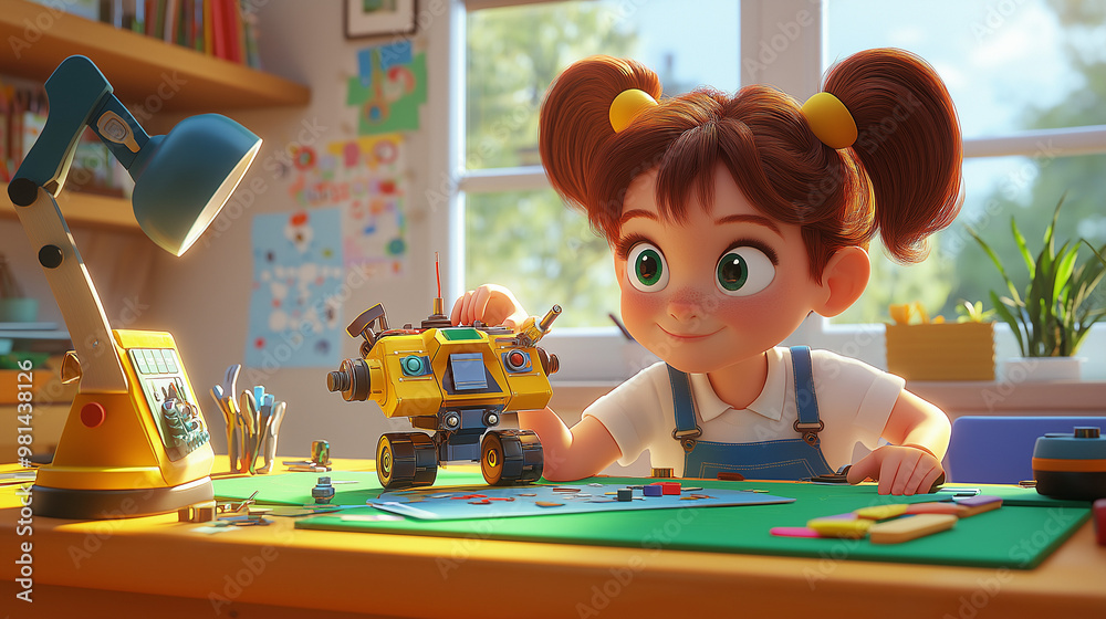 Exploring Robotics: A curious young animated character with pigtails is assembling a small robot kit on their desk, surrounded by tools and colorful instruction manuals that spark their imagination Exploring Robotics: A curious young animated character with pigtails is assembling a small robot kit on their desk, surrounded by tools and colorful instruction manuals that spark their imagination
