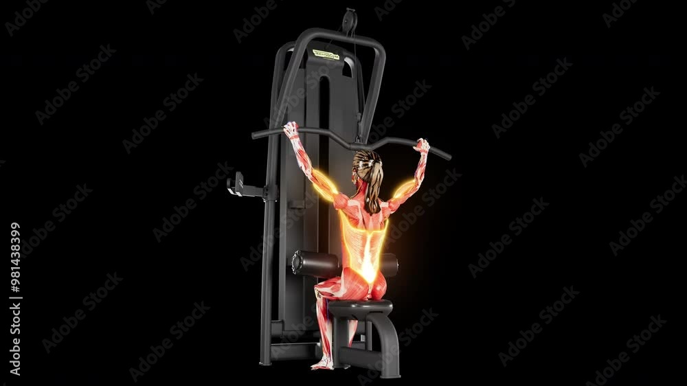 3d rendered Pro Res video of female anatomy model with highlighted muscle activation performing a pulldown exercise