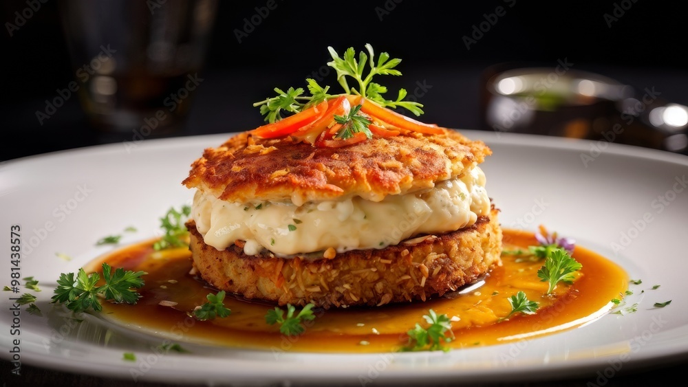 Delicious crab cake with egg and cheese. Delicious crab cake with egg and cheese.