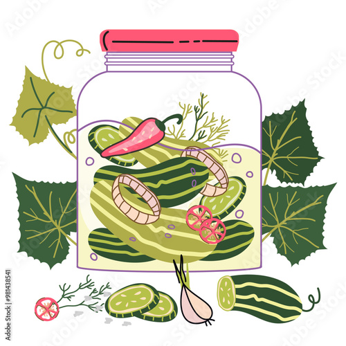Image of pickled cucumbers or pickles, a popular fermented food, hand drawn style vector illustration isolated on white. Preserved pickled cucumbers.