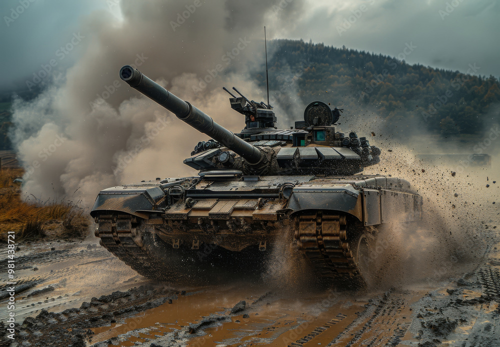 T80 tank competes in speed shoot event on training field with smoke and dirt flying T80 tank competes in speed shoot event on training field with smoke and dirt flying