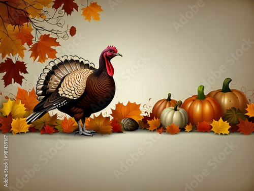 Thanksgiving Background with a Turkey Roast and Autumn Leaves