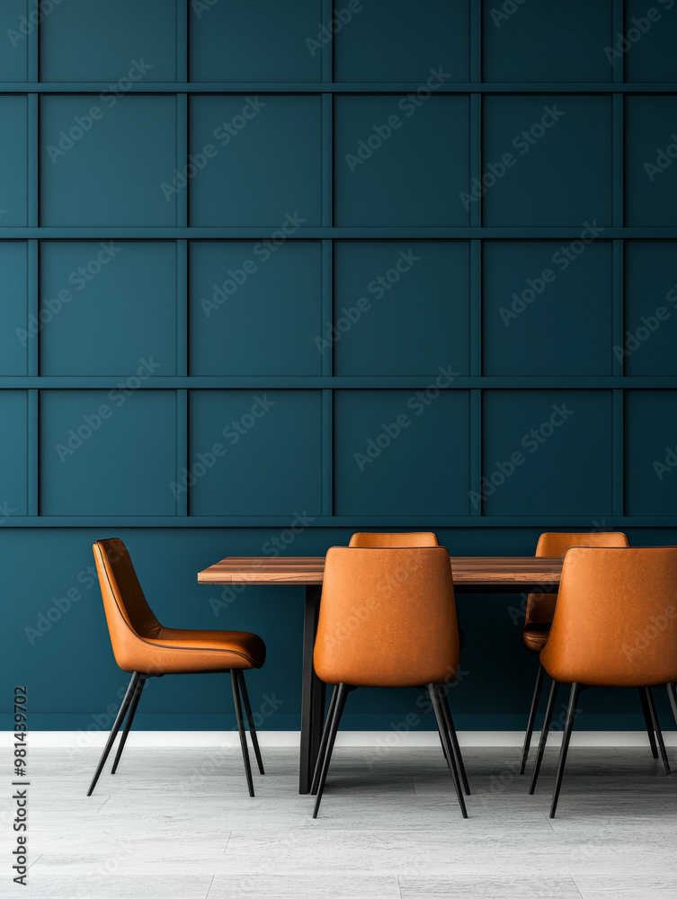 Obraz premium Modern dining room with teal walls and brown leather chairs.