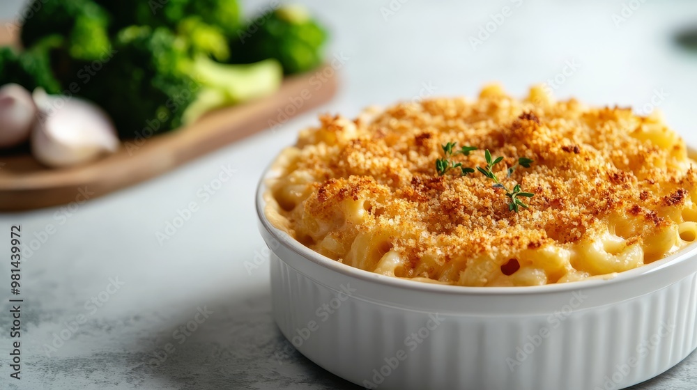 Enjoy creamy mac and cheese baked to perfection with a crispy topping and fresh greens Enjoy creamy mac and cheese baked to perfection with a crispy topping and fresh greens
