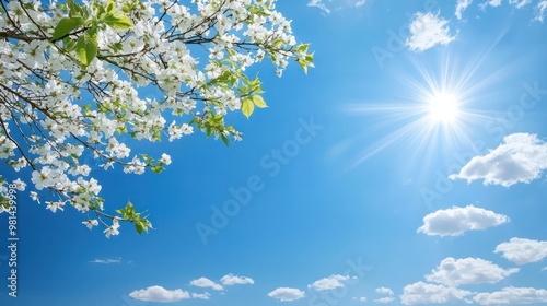 A beautiful blue sky with a few clouds and a tree with white flowers. The sun is shining brightly, making the scene look warm and inviting