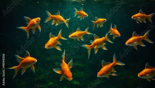 Goldfish swimming in a green pond illuminated from beneath.