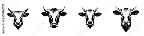 The portrait of a horned cow is black with a white background. Modern illustration.