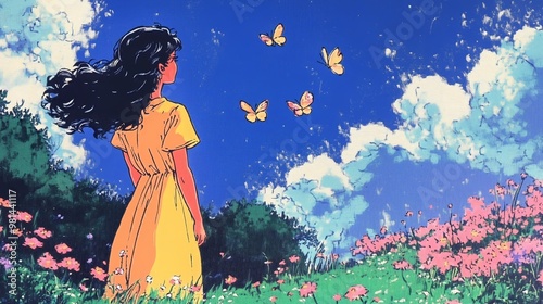 A vibrant graphic illustration featuring a child gazing at a starry night sky amidst a field of yellow flowers. The scene evokes feelings of wonder, innocence, and the vastness of the universe.