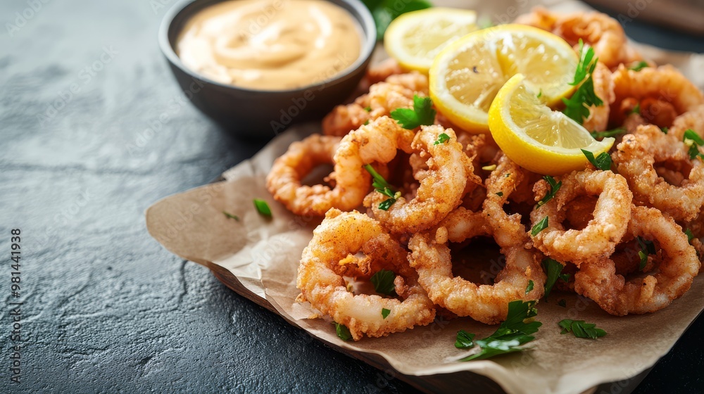 Enjoy a plate of perfectly fried calamari garnished with fresh lemon slices and parsley Enjoy a plate of perfectly fried calamari garnished with fresh lemon slices and parsley