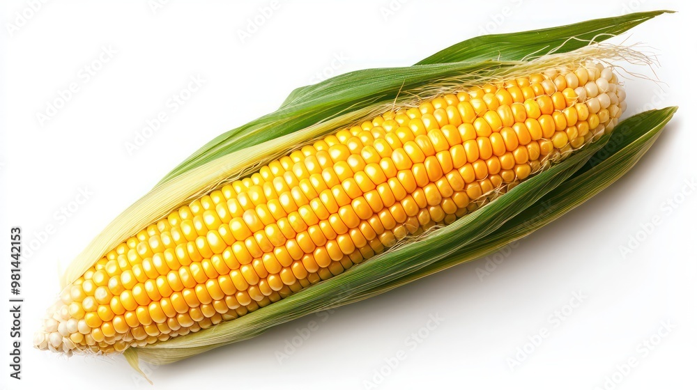 A yellow corn ear with a green leaf on top. The corn is fresh and ready to be eaten