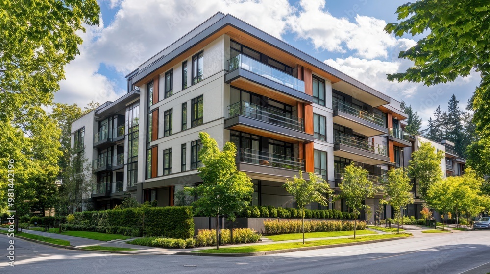 Fototapeta premium contemporary apartment building with sleek lines and large windows surrounded by manicured urban landscaping and treelined street