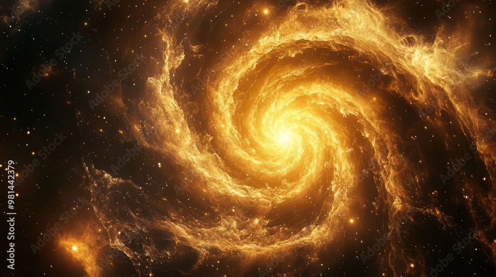 Obraz premium cosmic golden spiral fractal emerging from swirling nebula celestial bodies and stardust creating mesmerizing patterns in deep space