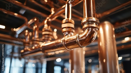 copper pipelines in a modern boiler room intricately woven and gleaming under industrial lighting showcasing advanced heating system technology