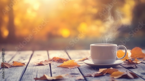 cozy autumn scene steaming mug on rustic wooden table fallen leaves soft focus warm lighting