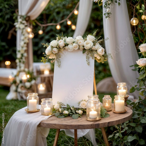 a gold metal easel wedding banner decorated with white and pink roses photo