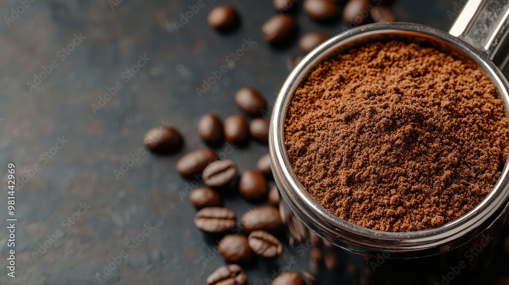 A coffee grinder with a scoop of coffee beans and coffee grounds. The grinder is silver and has a shiny surface A coffee grinder with a scoop of coffee beans and coffee grounds. The grinder is silver and has a shiny surface
