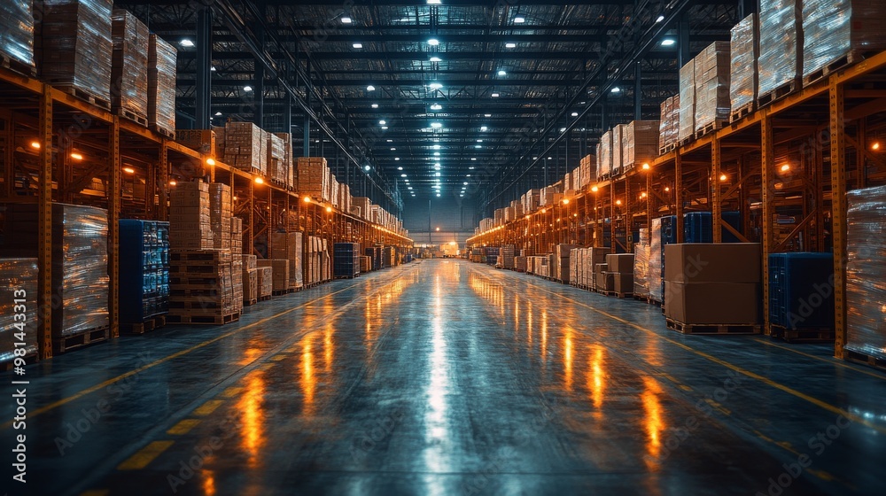 Automated RPA systems optimizing warehouse operations at night with illuminated aisles