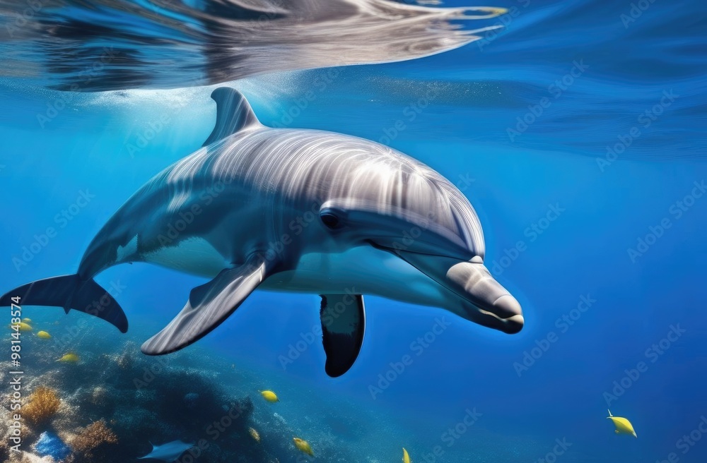 Close-up. A dolphin swims in the ocean among corals. Underwater photography. Postcard with a dolphin. Close-up. A dolphin swims in the ocean among corals. Underwater photography. Postcard with a dolphin.