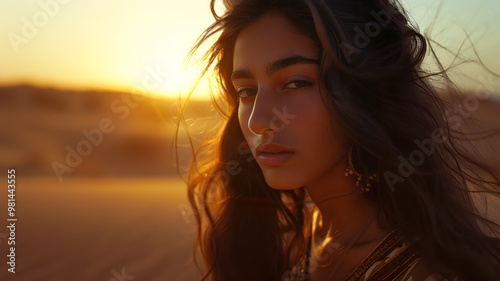 Cinematic still of a woman with long hair standing in sand with a environment of sadness