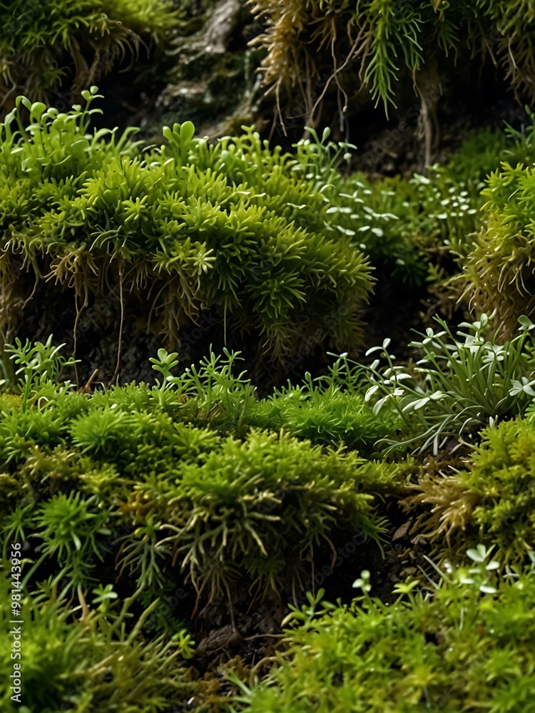 Green moss texture with small plants growing through. Green moss texture with small plants growing through.