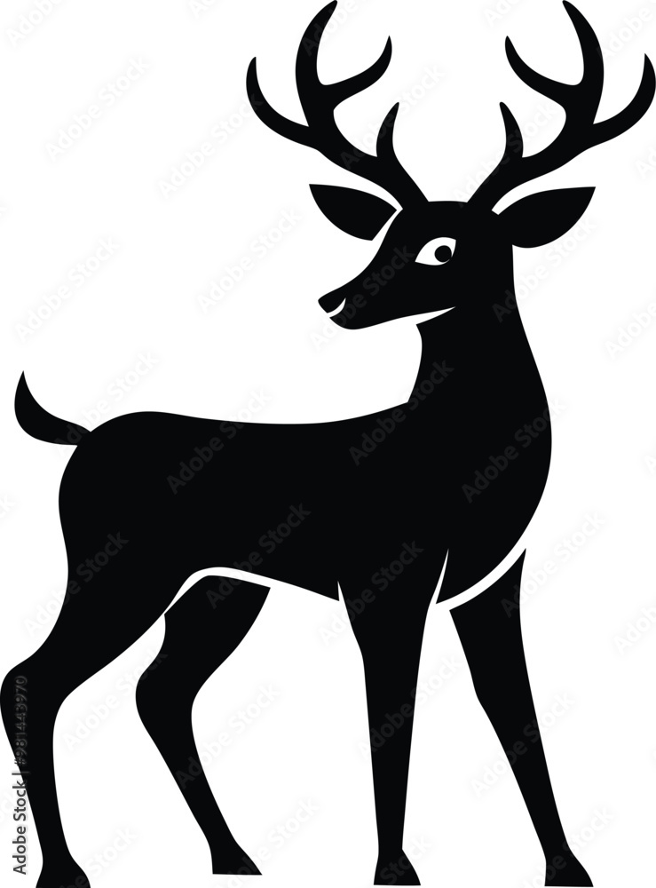 a black and white drawing of a deer with antlers.